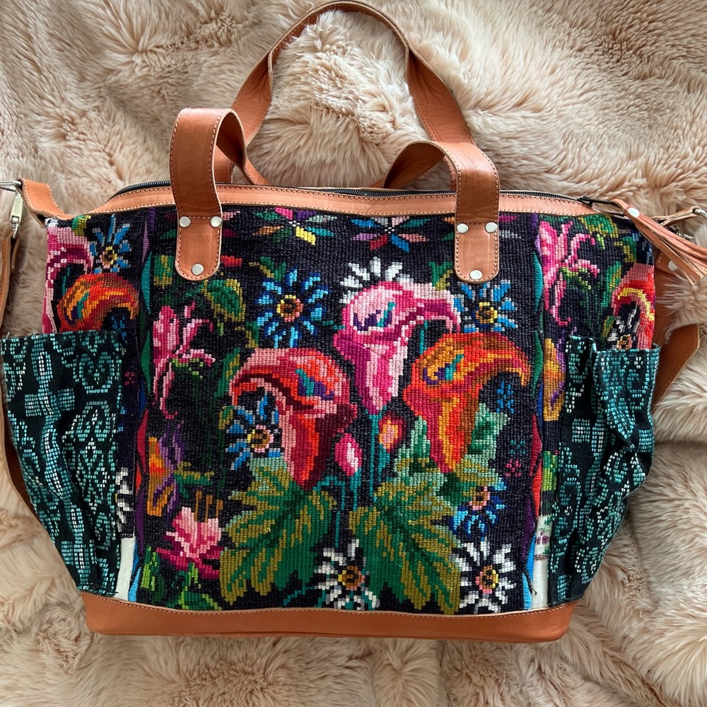 Young Folk Collective leather and embroidered crossbody and backpack bag.
